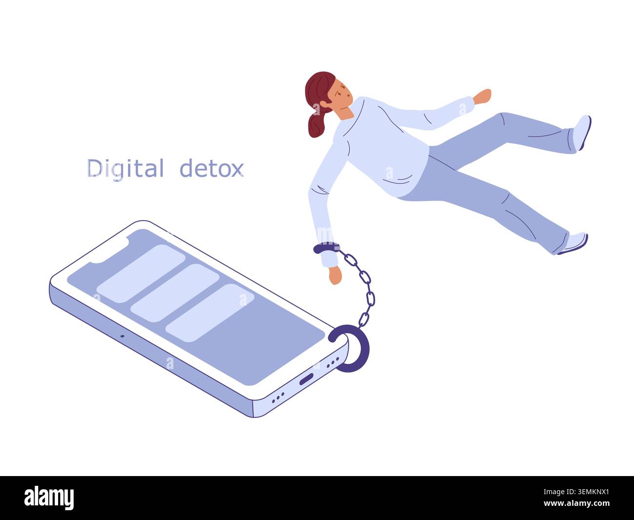 Détox numérique. Obsession des médias sociaux. Fille sur la chaîne avec le téléphone portable. Illustration vectorielle pour la sensibilisation, campagne anti-addiction Illustration de Vecteur