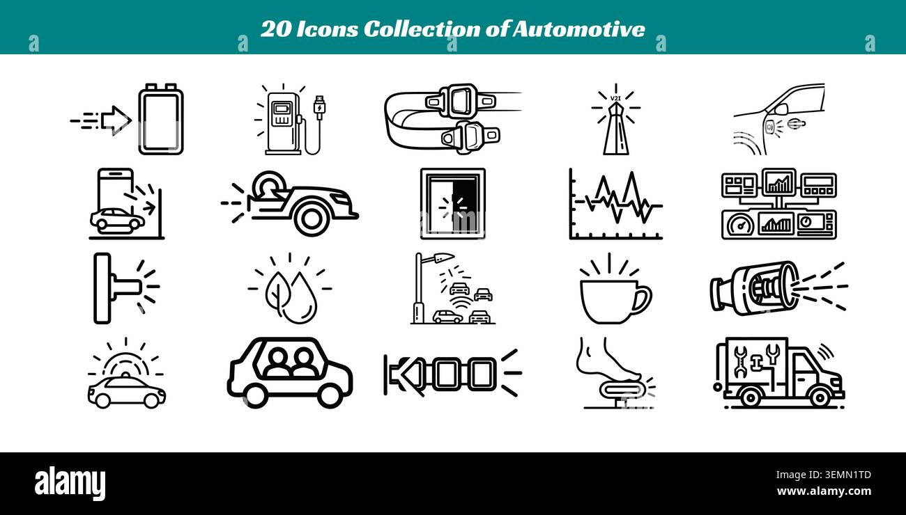 Un ensemble diversifié de vingt icônes vectorielles élégantes noir et blanc représentant divers thèmes automobiles, y compris la charge, le ravitaillement, la sécurité, les diagnostics, Illustration de Vecteur
