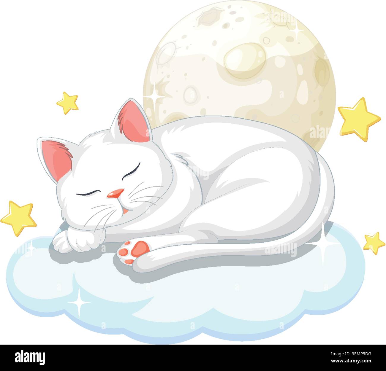 Chat blanc dormant paisiblement sur un nuage moelleux sous une lune et des étoiles jaunes Illustration de Vecteur