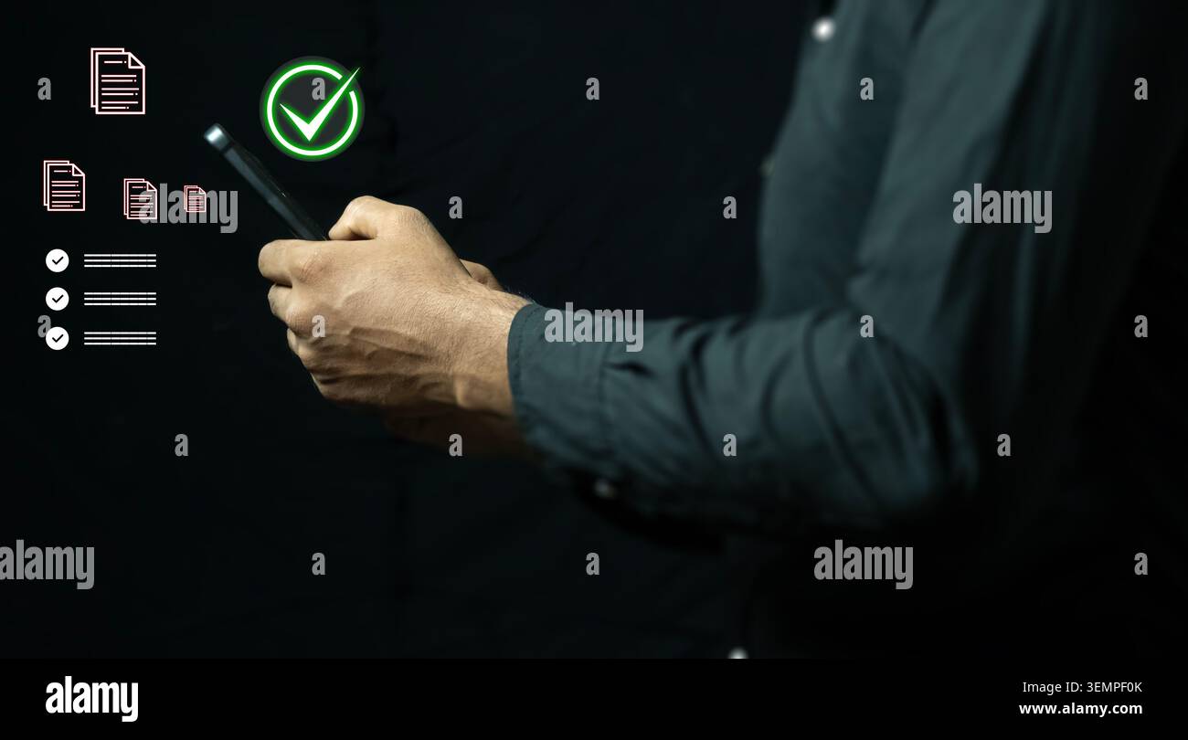 Documenter le concept d'inspection de vérification et d'assurance qualité avec la coche d'approbation. Banque D'Images