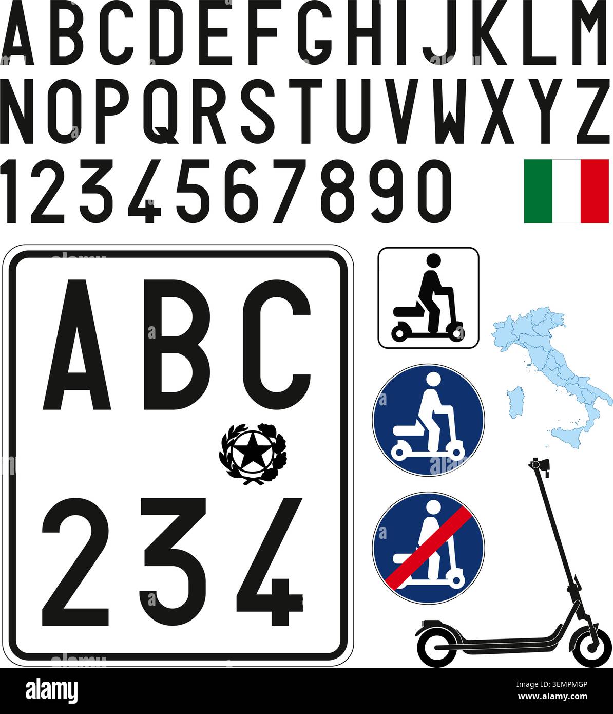 Scooter électrique modèle de plaque d'immatriculation italienne avec des symboles, illustration vectorielle Illustration de Vecteur