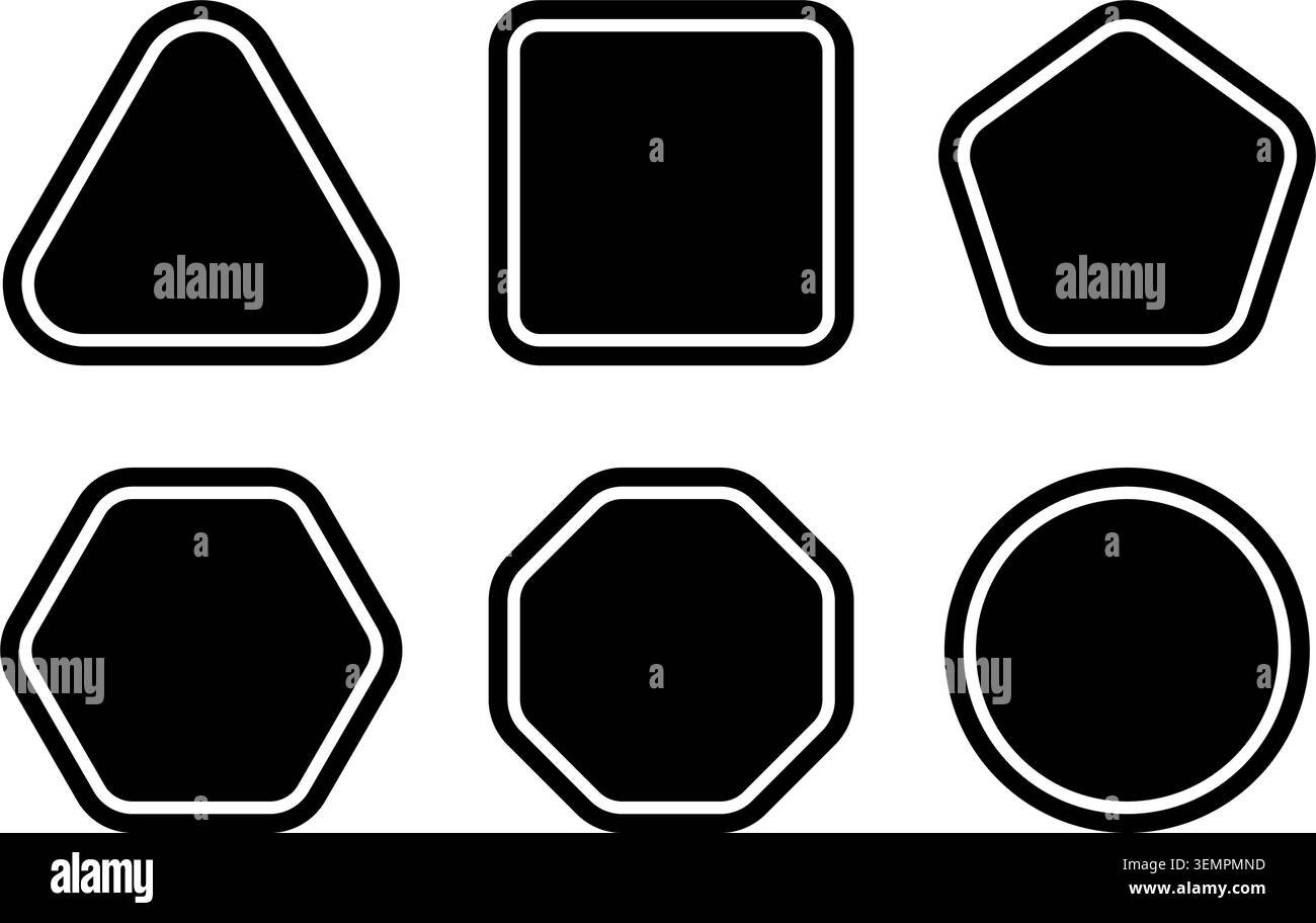 Ensemble de figures géométriques noires avec des coins arrondis et des bordures intérieures. Triangle et carré, pentagone et hexagone, cercle et octogone isolés sur fond blanc. Illustration graphique vectorielle. Illustration de Vecteur