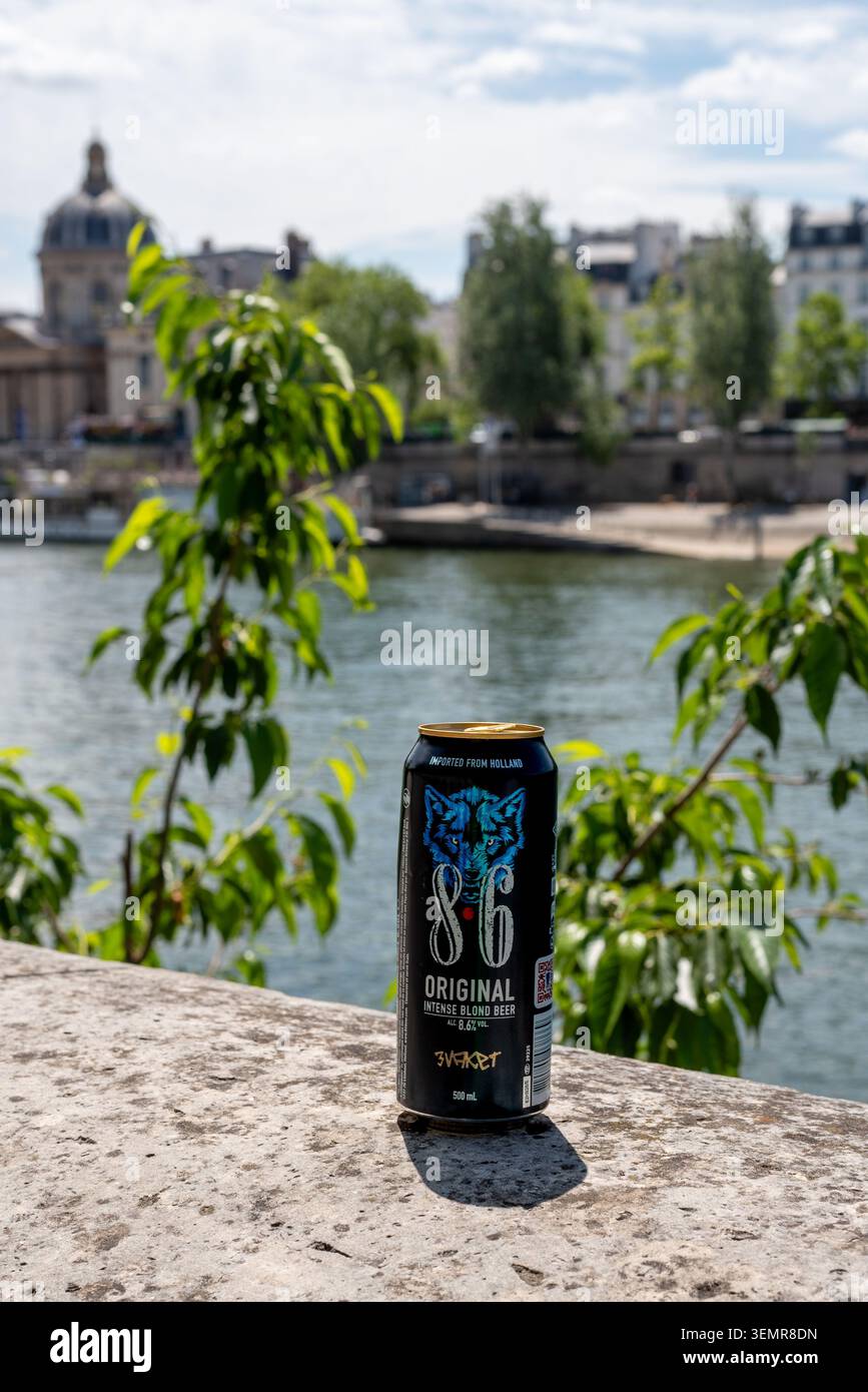 Une canette de 8,6 bières blondes intenses originales laissées sur les berges de la Seine par une journée ensoleillée d'été. Banque D'Images