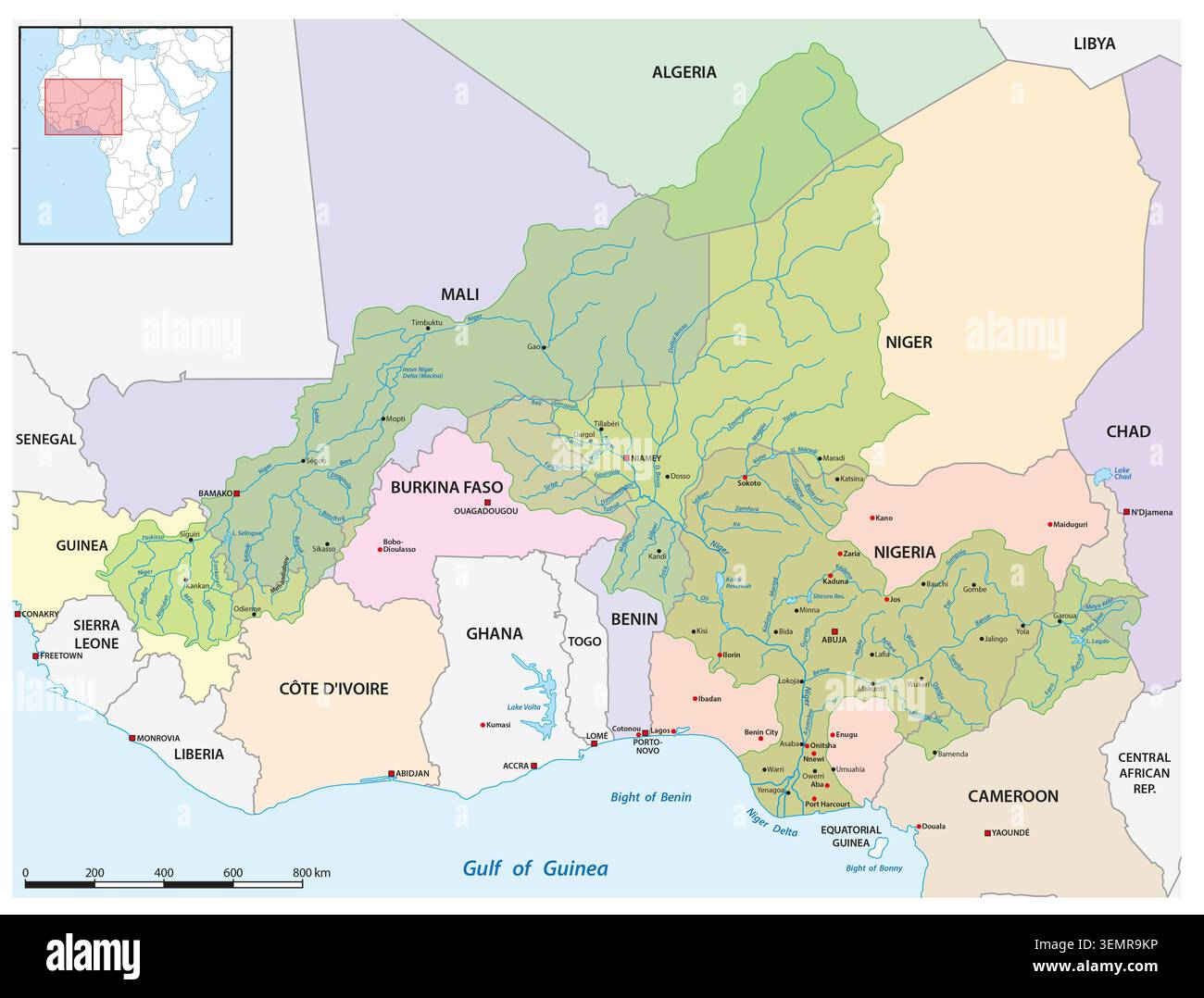 Carte du bassin du fleuve Niger en Afrique de l'Ouest Banque D'Images