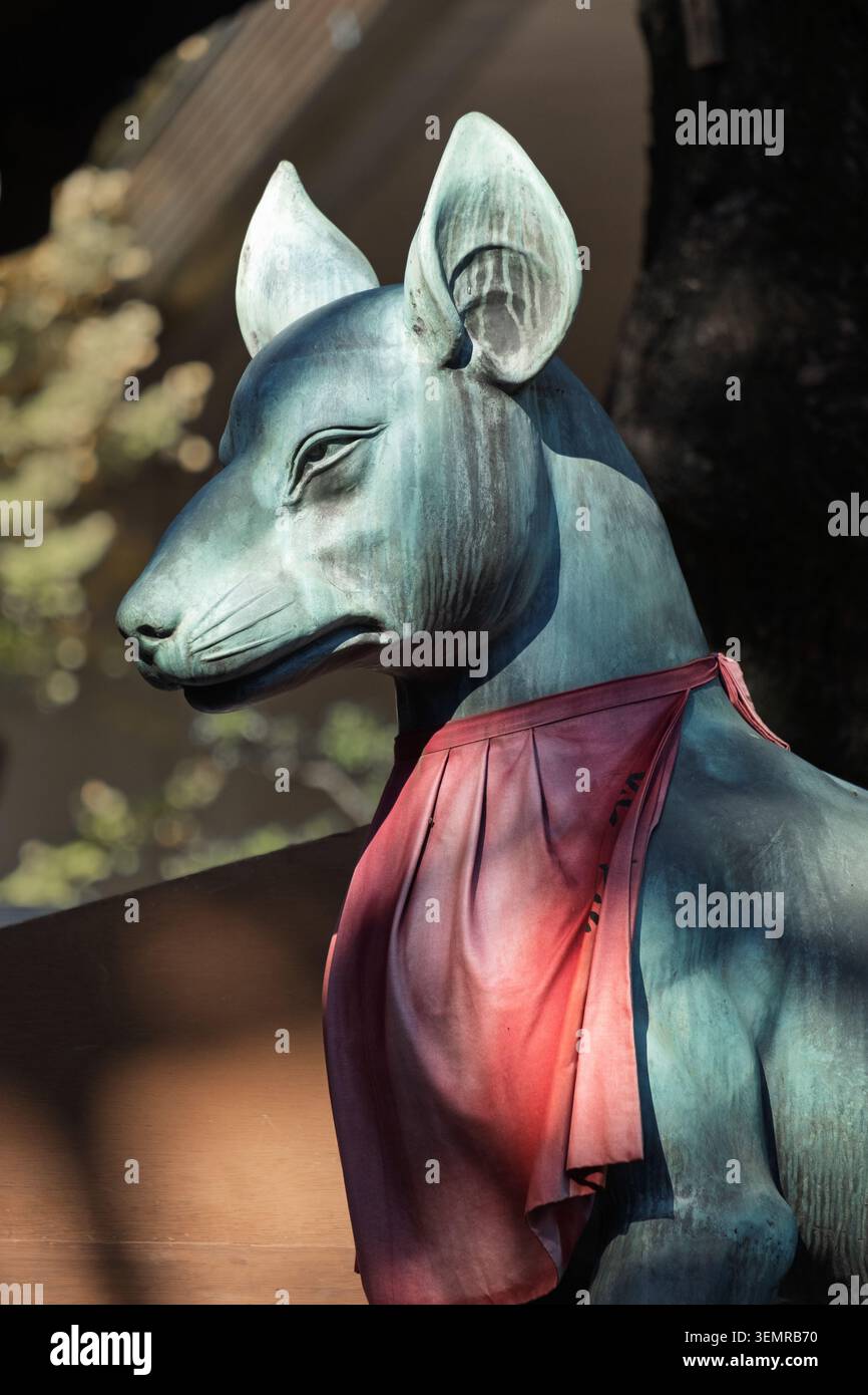 Vue rapprochée d'une statue de renard en pierre portant un bavoir rouge dans un sanctuaire shinto, Tokyo, Japon Banque D'Images