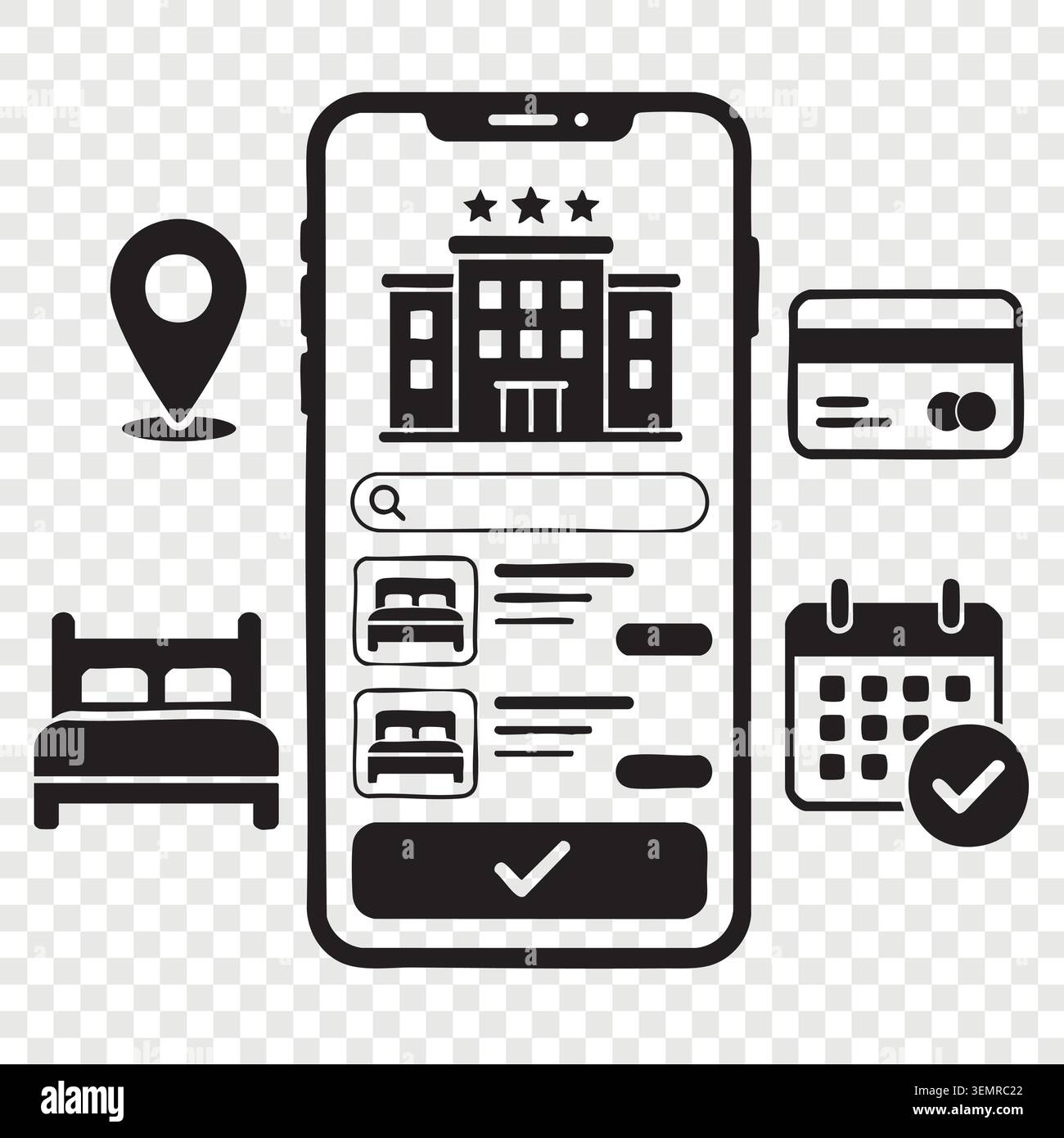 Interface de l'application mobile de réservation d'hôtel sur l'écran du smartphone Illustration de Vecteur