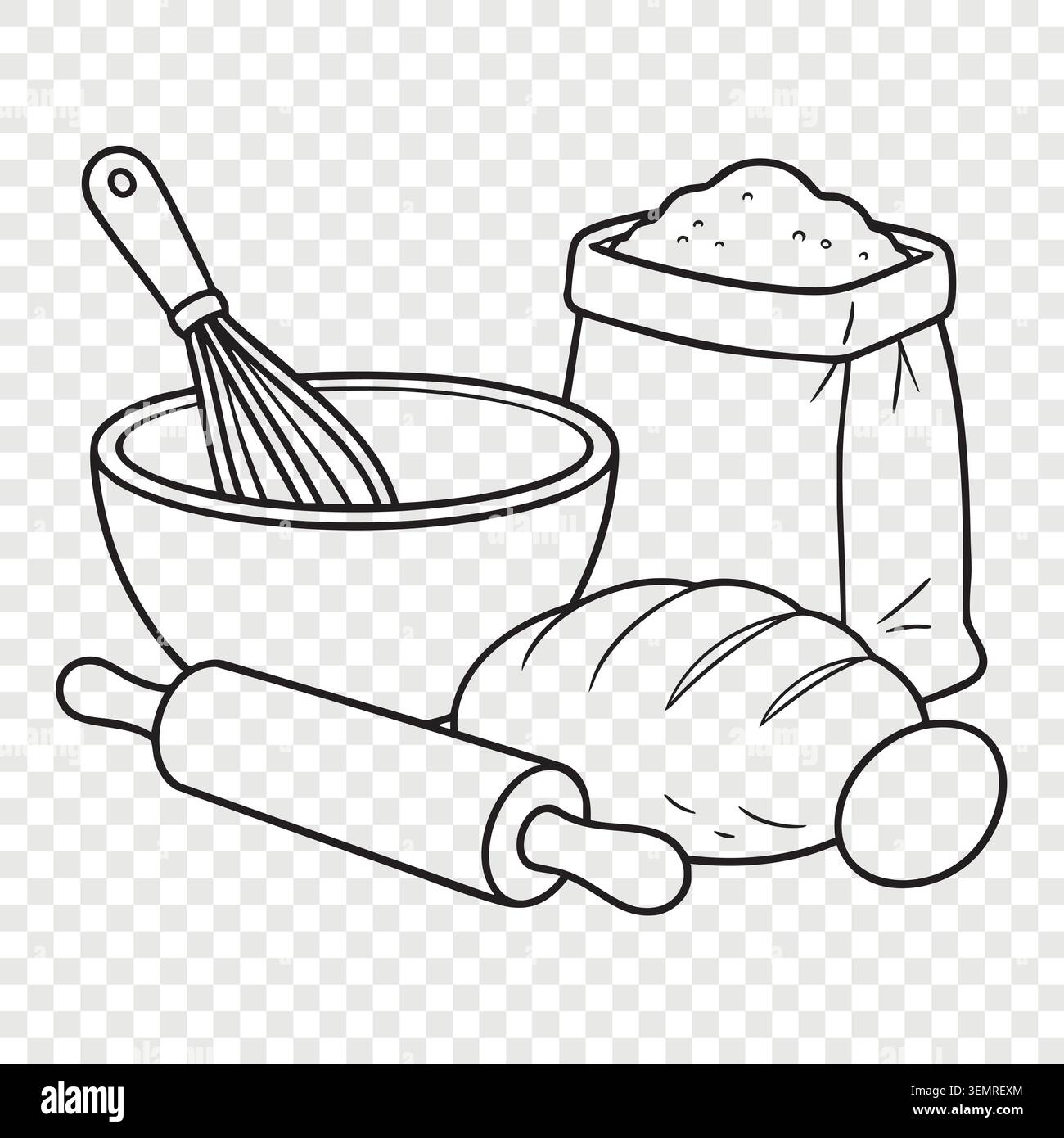 Ingrédients de cuisson préparation avec bol de farine et rouleau à pâtisserie Illustration de Vecteur