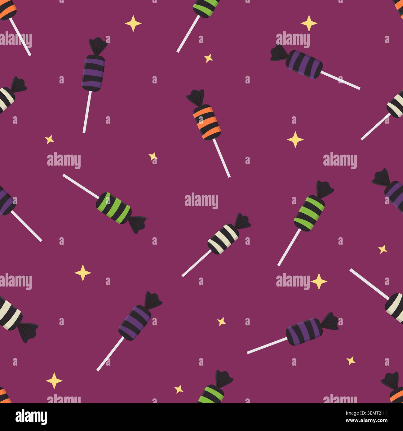 Joli fond de modèle sans couture d'Halloween avec des bonbons rayés colorés, des sucettes et des étoiles jaunes. Illustration vectorielle sur fond violet pour Fab Illustration de Vecteur