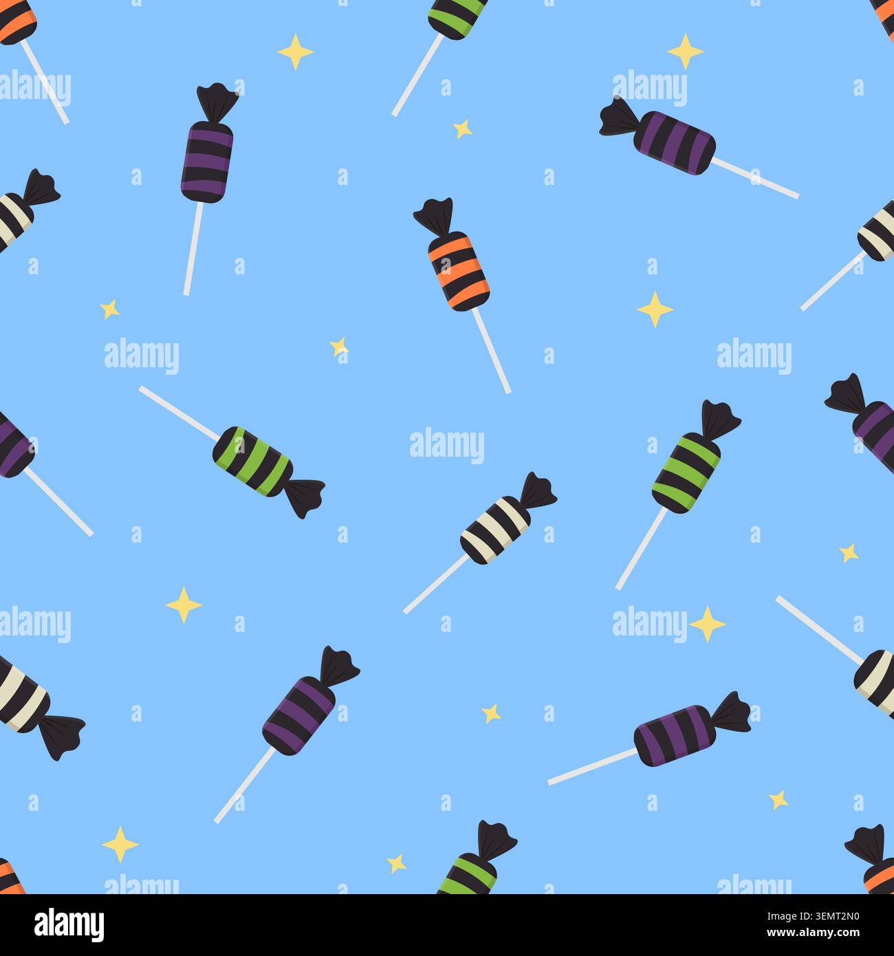 Joli fond de modèle sans couture d'Halloween avec des bonbons rayés colorés, des sucettes et des étoiles jaunes. Illustration vectorielle sur fond bleu pour fabri Illustration de Vecteur