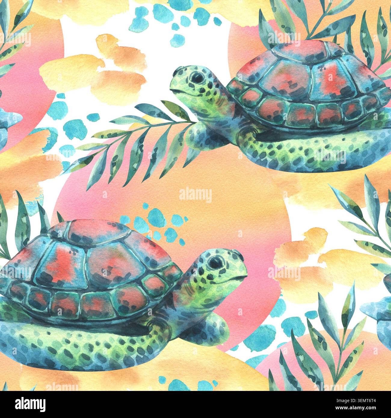 Motif aquarelle sans couture avec tortue de mer mignonne entourée de feuilles de palmier tropical et de formes estivales vibrantes. Design côtier dessiné à la main artistique pour Banque D'Images