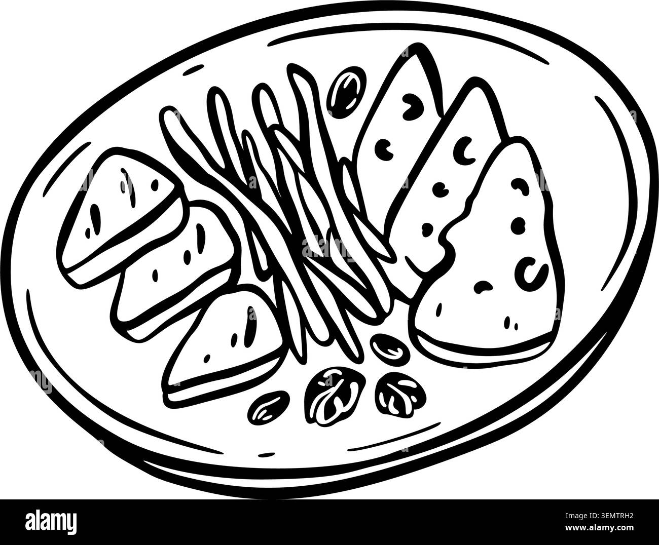 Assiette de fromage doodle dessinée à la main. Planche de charcuterie à croquis de crayon. Illustration vectorielle de crayon plate de vin. Restaurant italien, café français, tapa espagnole Illustration de Vecteur