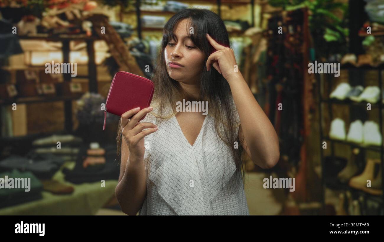 Brunette Latina jeune femme tenant un petit portefeuille rouge, doigt à la tempe tout en examinant les étagères dans un magasin de construction ; contemplation tranquille. Banque D'Images