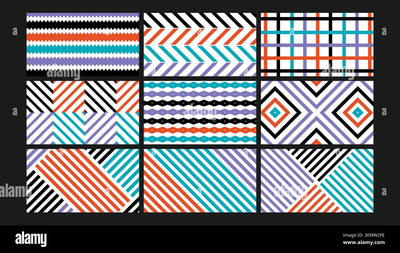 Des bandes diagonales audacieuses et des compositions en zigzag dans des mises en page géométriques aux couleurs éclatantes créent une toile de fond énergique et moderne pour les visuels technologiques, les flyers et les éléments de marque. Illustration de Vecteur