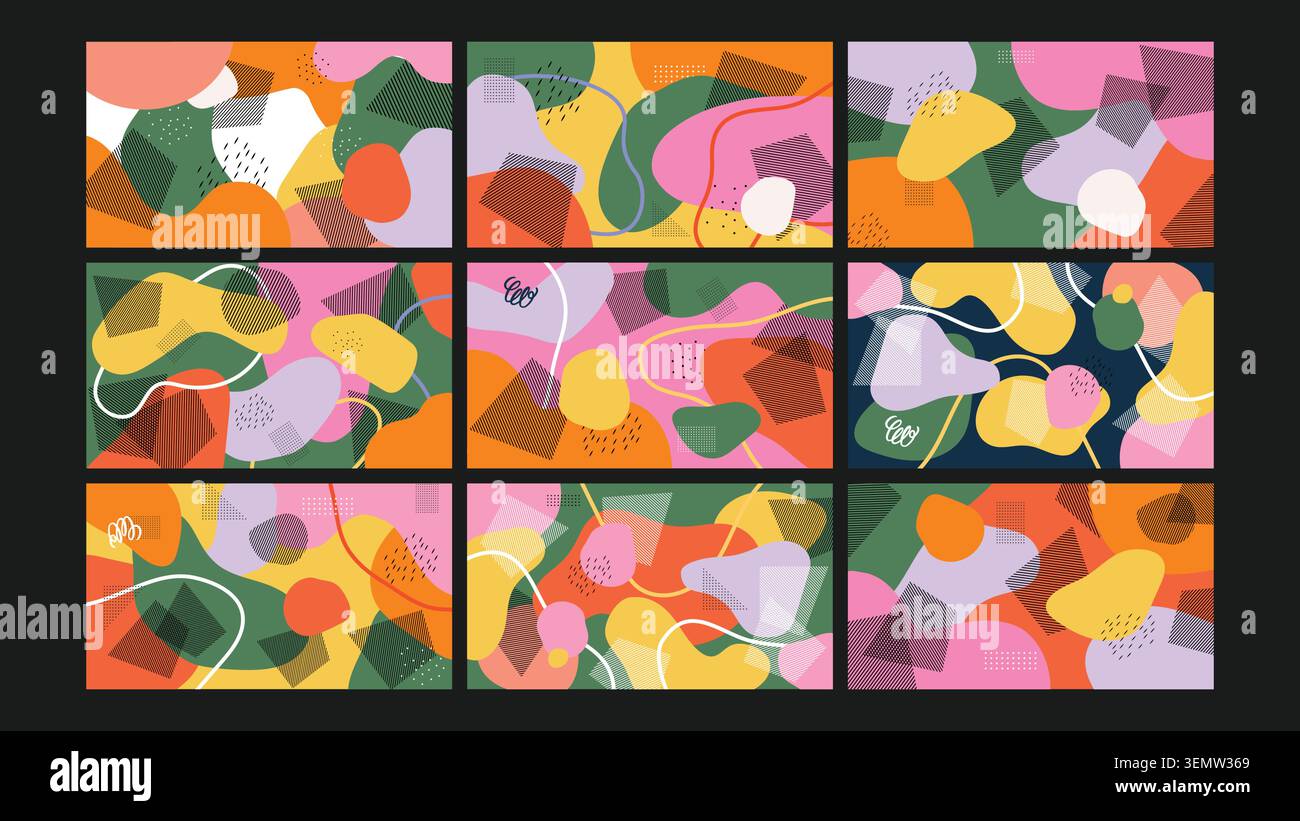 Un mélange ludique de blobs organiques, de textures et de lignes douces dans des tons pastel et audacieux. Idéal pour le décor moderne, les projets pour enfants, l'image de marque abstraite et le travail d'illustration coloré. Illustration de Vecteur