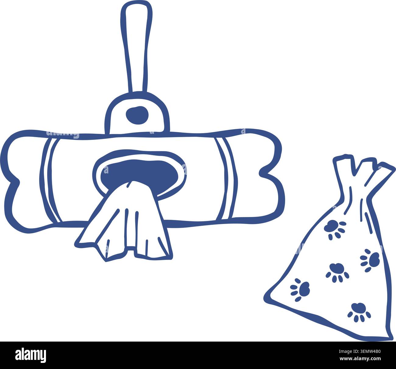 Distributeur de sac à ordures pour chien et sac Poo usagé. Illustration vectorielle. Hygiène des animaux de compagnie et des parcs publics. Doodle isolé de la main de contour Illustration de Vecteur