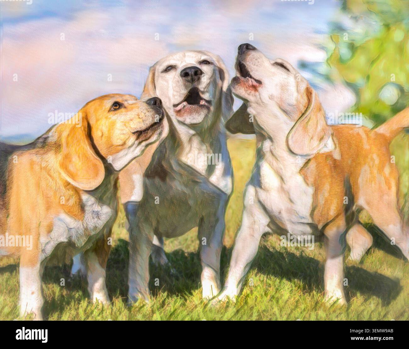 Trio de chiens Baying Beagle harmonisent sur la pelouse, art photo numérique Banque D'Images