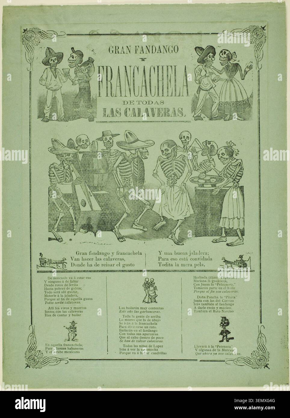 Gran Fandango y Francachela de Todas las Calaveras de José Guadalupe Posada, s.d., représentant des figures squelettes dans une robe traditionnelle mexicaine dansant, festoyant et célébrant avec des instruments de musique et des activités festives Banque D'Images