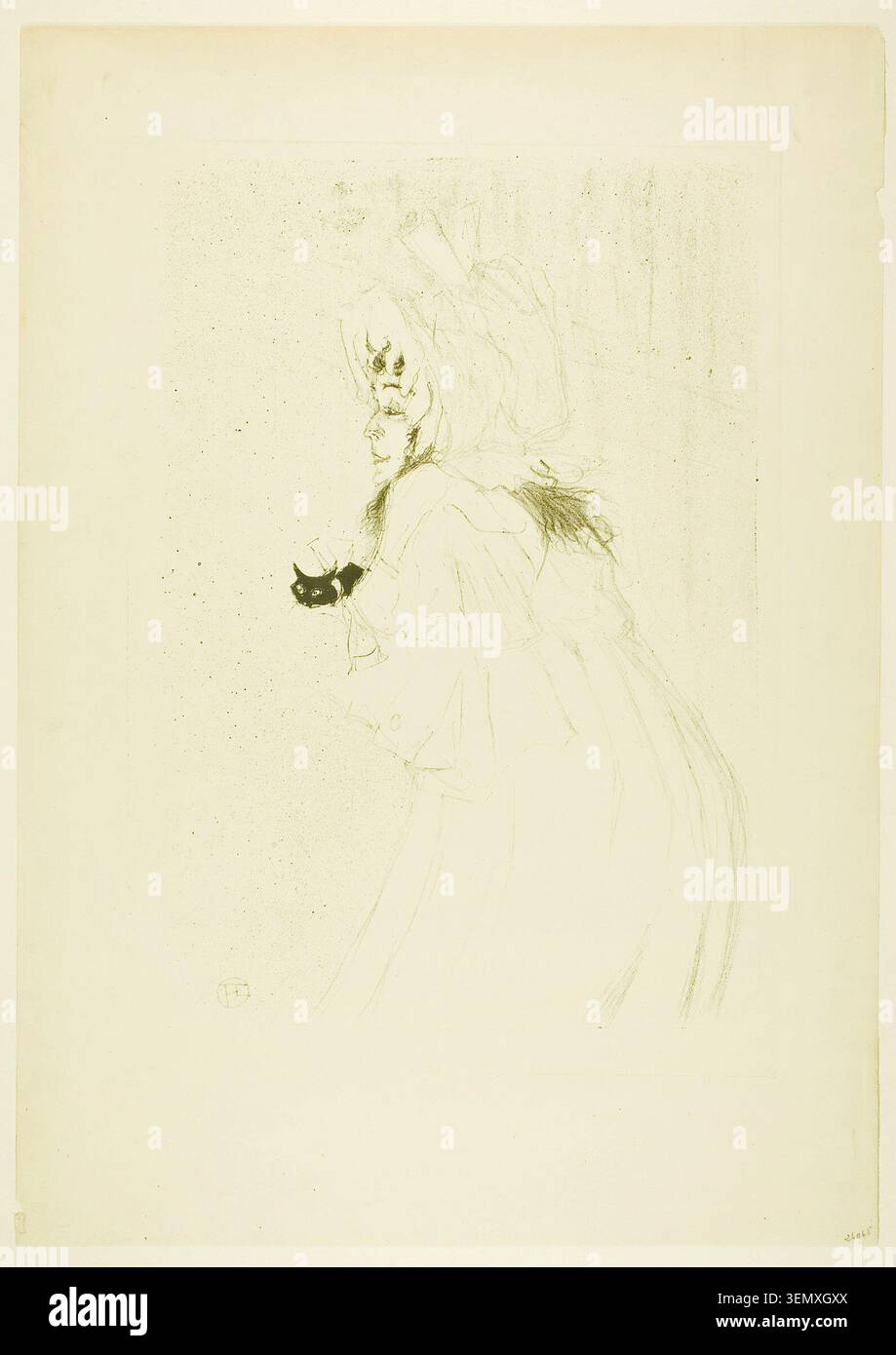 Miss May Belfort Taking a Bow de Henri de Toulouse-Lautrec, 1895, représentant un interprète en robe élégante avec un chapeau à plumes, tenant un chat noir, capturé dans un moment de reconnaissance théâtrale Banque D'Images