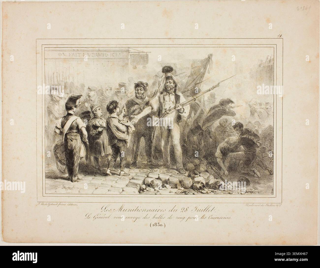 Les Munitioners de juillet 28 de Denis Auguste Marie Raffet, 1831 ans, représentant des civils armés et des soldats rassemblés autour d'un feu de camp, avec des personnages tenant des fusils et du matériel militaire dans une scène militaire révolutionnaire Banque D'Images