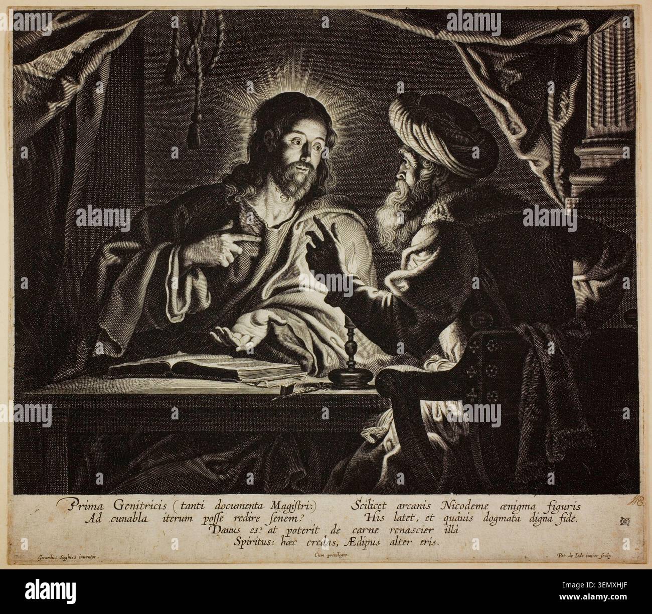 Christ and Nicodemus : a night Piece de Peeter de Jode le jeune, 1626–74, représentant la visite nocturne du pharisien au Christ pour un discours théologique, dans un intérieur éclairé aux chandelles Banque D'Images