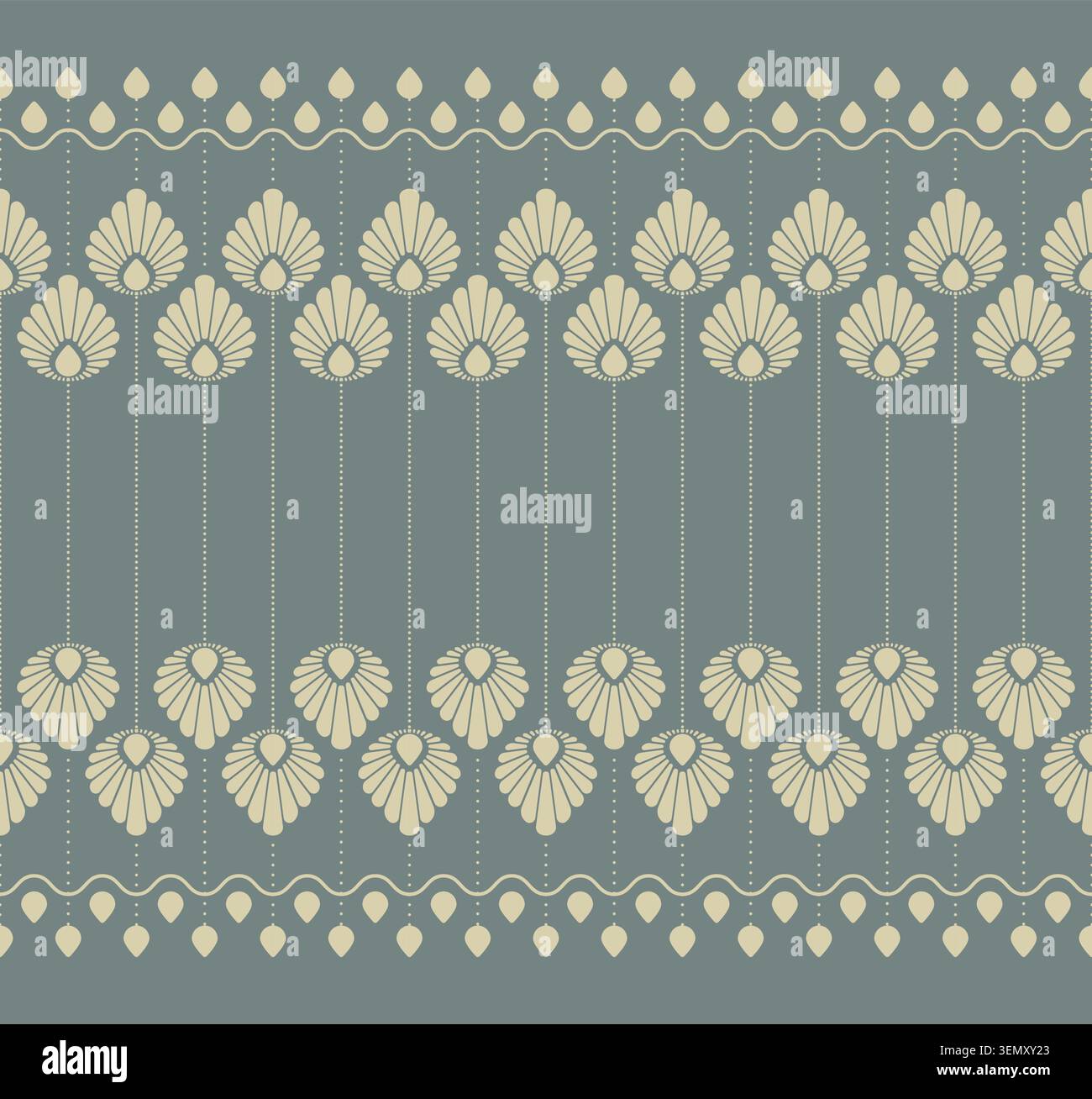 Motif vectoriel sans couture avec des motifs floraux stylisés en forme d'éventail et des lignes géométriques dans une palette sophistiquée de couleurs vert sauge et crème Illustration de Vecteur