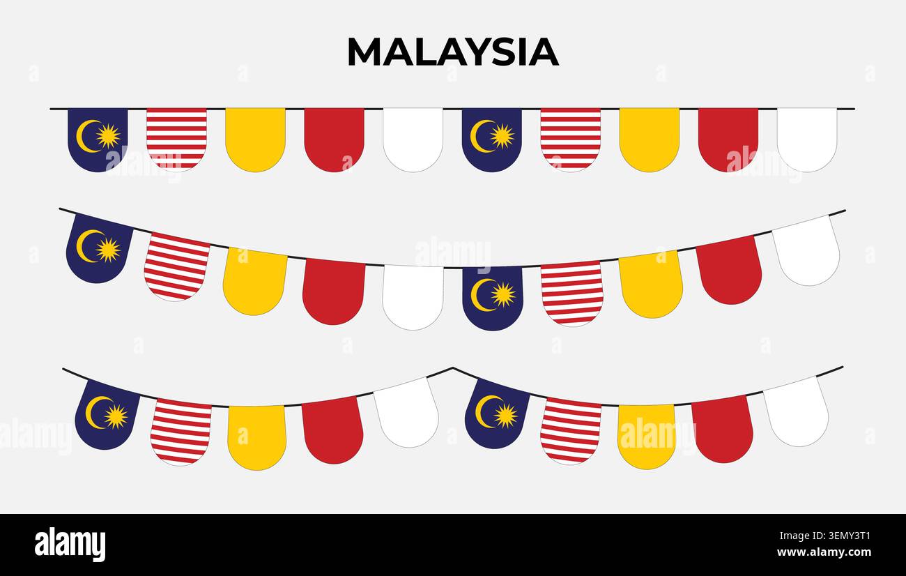 Guirlande de banderole arrondie du drapeau national de Malaisie avec des couleurs patriotiques solides alternées. Ficelle de fanion malaisienne suspendue pour la célébration de Merdeka. Illustration de Vecteur