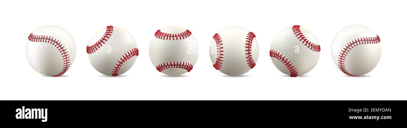 Clipart de base-ball. Ensemble de softball en cuir blanc, ligne vintage de points rouges. maquette de vecteur isolé 3d. Logo de l'équipe de la maquette de l'équipement du joueur Illustration de Vecteur