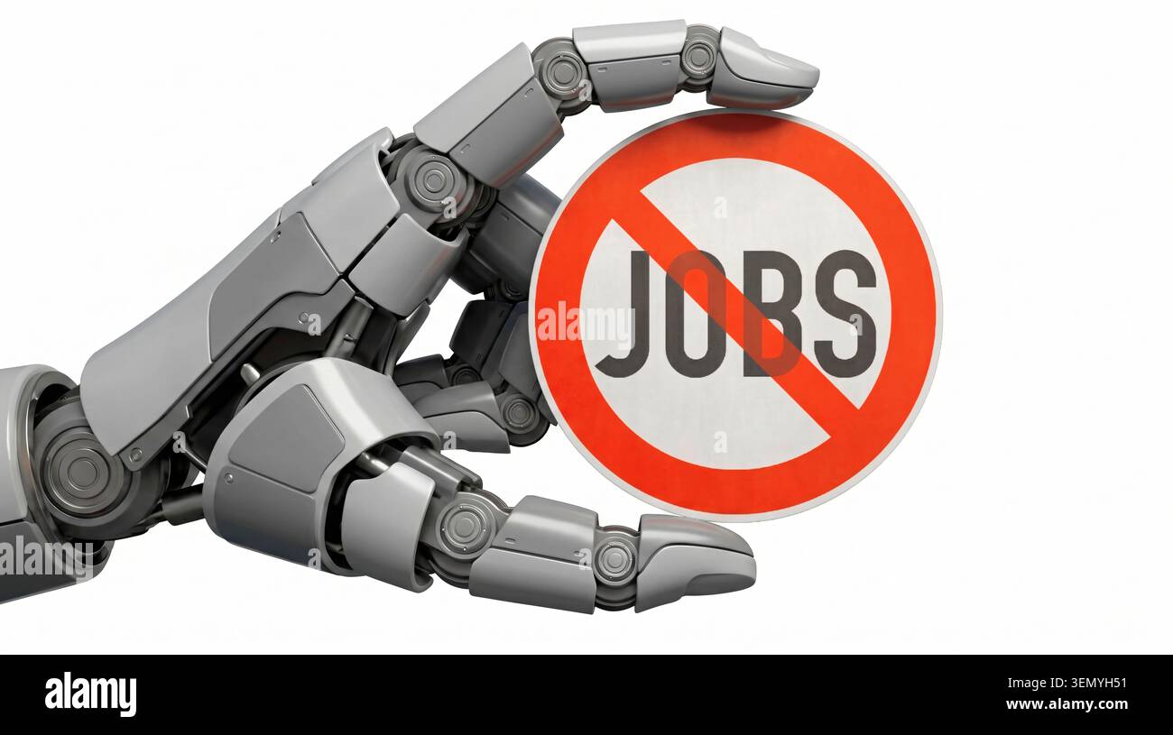 Main de robot tenant un signe – perte d'emploi due à l'IA Banque D'Images
