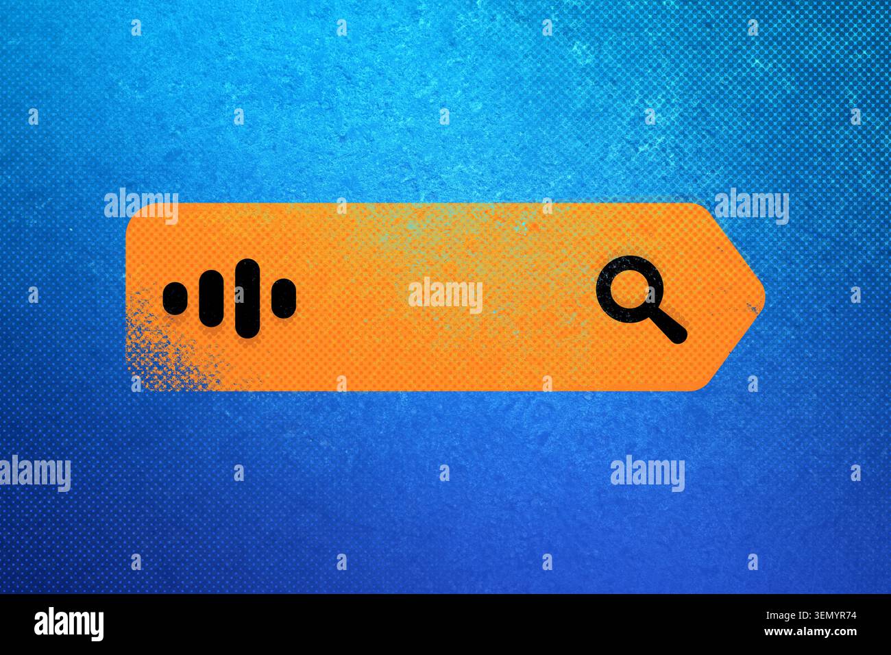 Barre de recherche orange avec icône d'onde audio de reconnaissance vocale et symbole de loupe sur fond bleu texturé, illustrant l'interaction moderne activée par la voix Banque D'Images
