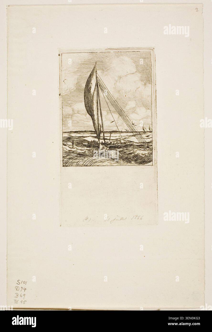 SWIFT-Sailing Proa, archipel de Mulgrave, Océanie par Charles Meryon, 1866, représentant un voilier traditionnel du Pacifique avec des voiles tourbillonnantes naviguant en eau libre Banque D'Images