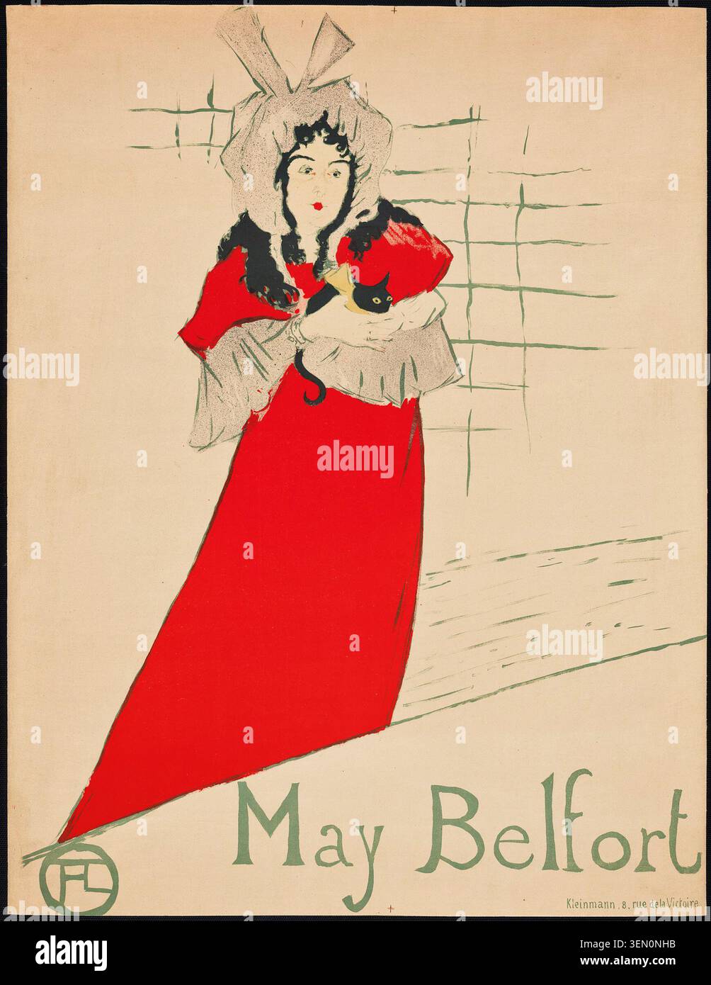 May Belfort de Henri de Toulouse-Lautrec, 1895, actrice irlandaise en robe écarlate et bonnet surdimensionné serrant un chat noir, composition minimaliste avec fond quadrillé Banque D'Images