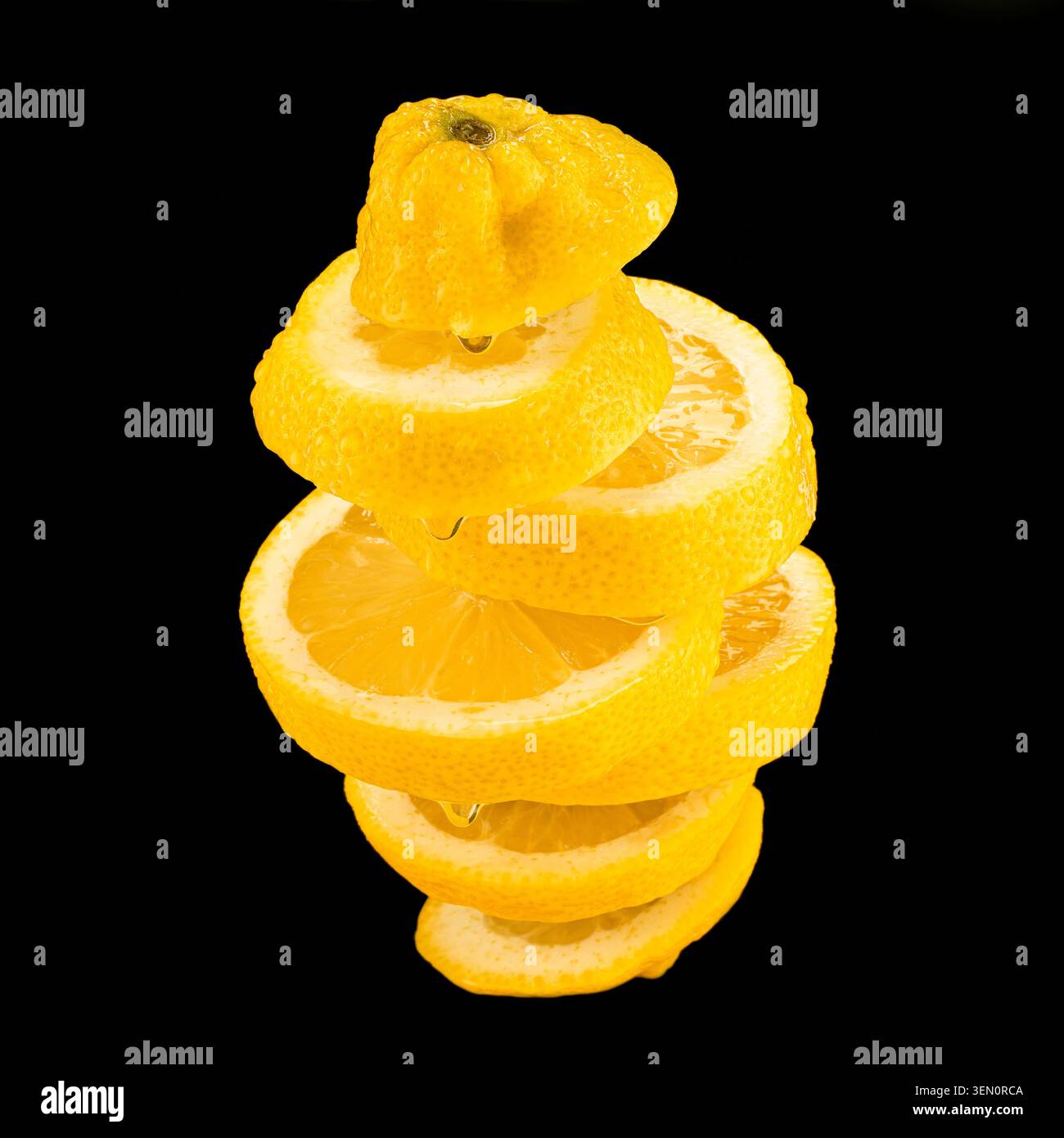 Citron entier avec des tranches empilées montrant une chair juteuse, isolé sur fond noir avec des gouttelettes de jus visibles. Banque D'Images