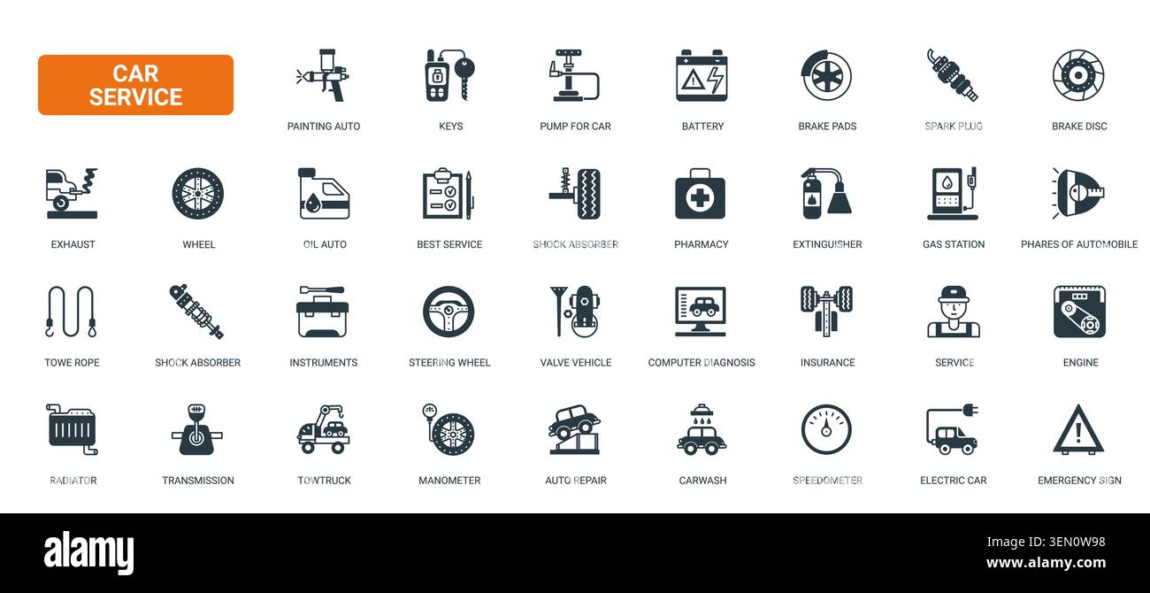 Symboles d'entretien et de réparation automobile indiquant l'entretien, le diagnostic, le remorquage, le carburant, la batterie, freins, pièces de moteur et soutien d'atelier icônes pleines noires set illustration vectorielle Illustration de Vecteur