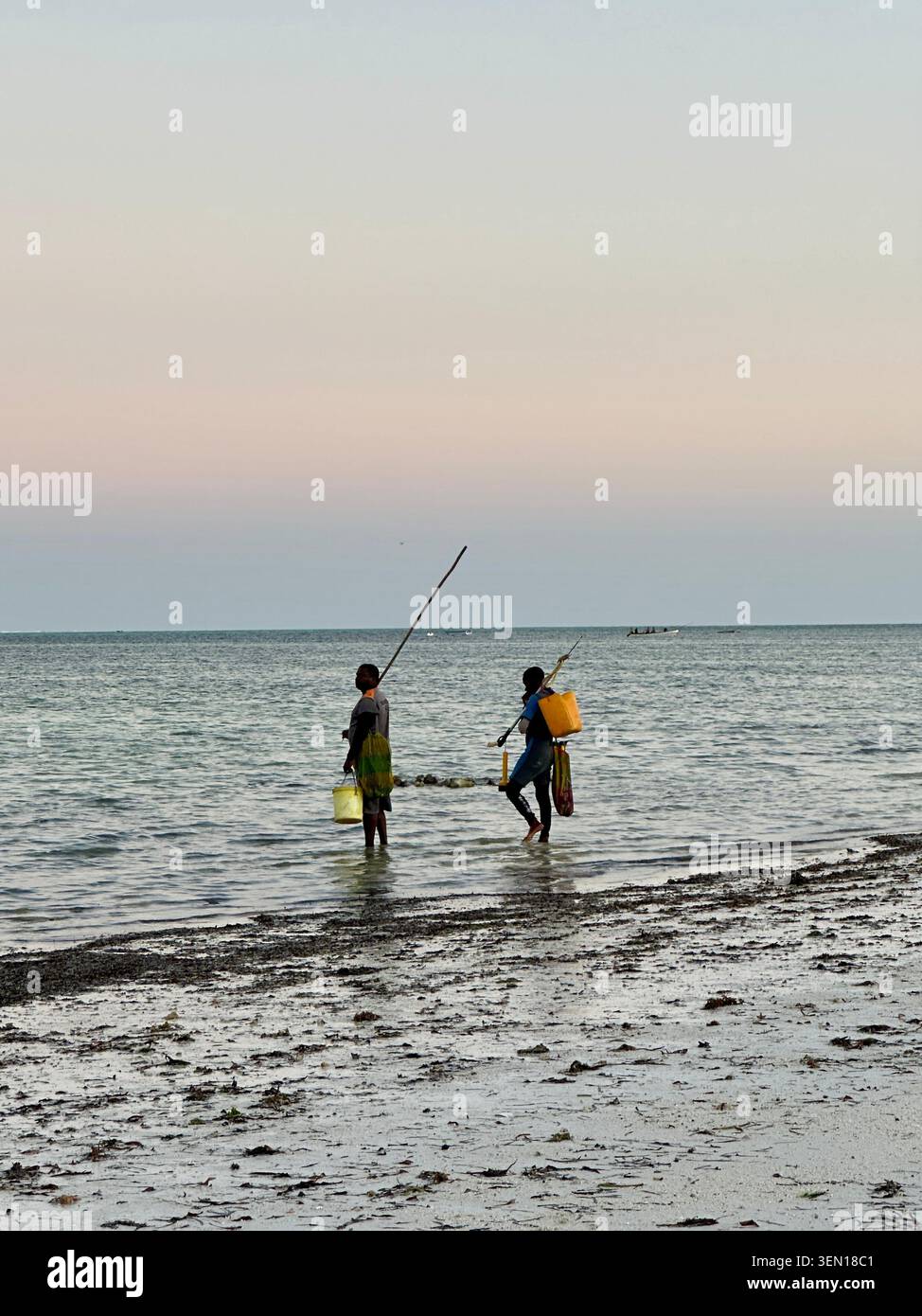 Deux personnes pataugent dans une mer peu profonde avec des cannes à pêche sous un ciel pastel doux et un horizon calme. - Image de stock capturée avec un smartphone