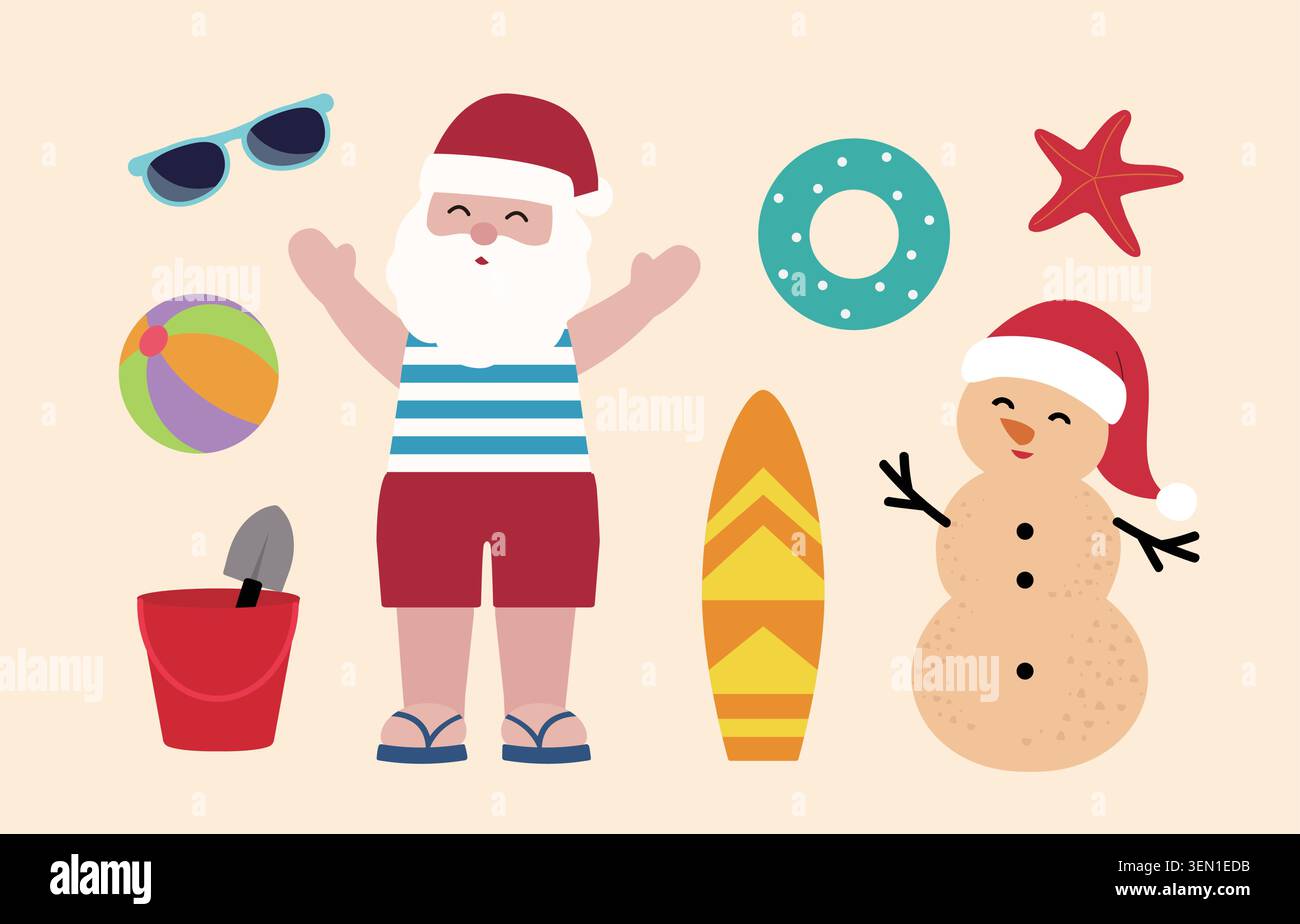 Ensemble de plage de Noël d'été. Collection de Père Noël, bonhomme de neige de sable, étoile de mer, planche de surf, anneau de natation, ballon de plage, lunettes de soleil. Illustration de Vecteur