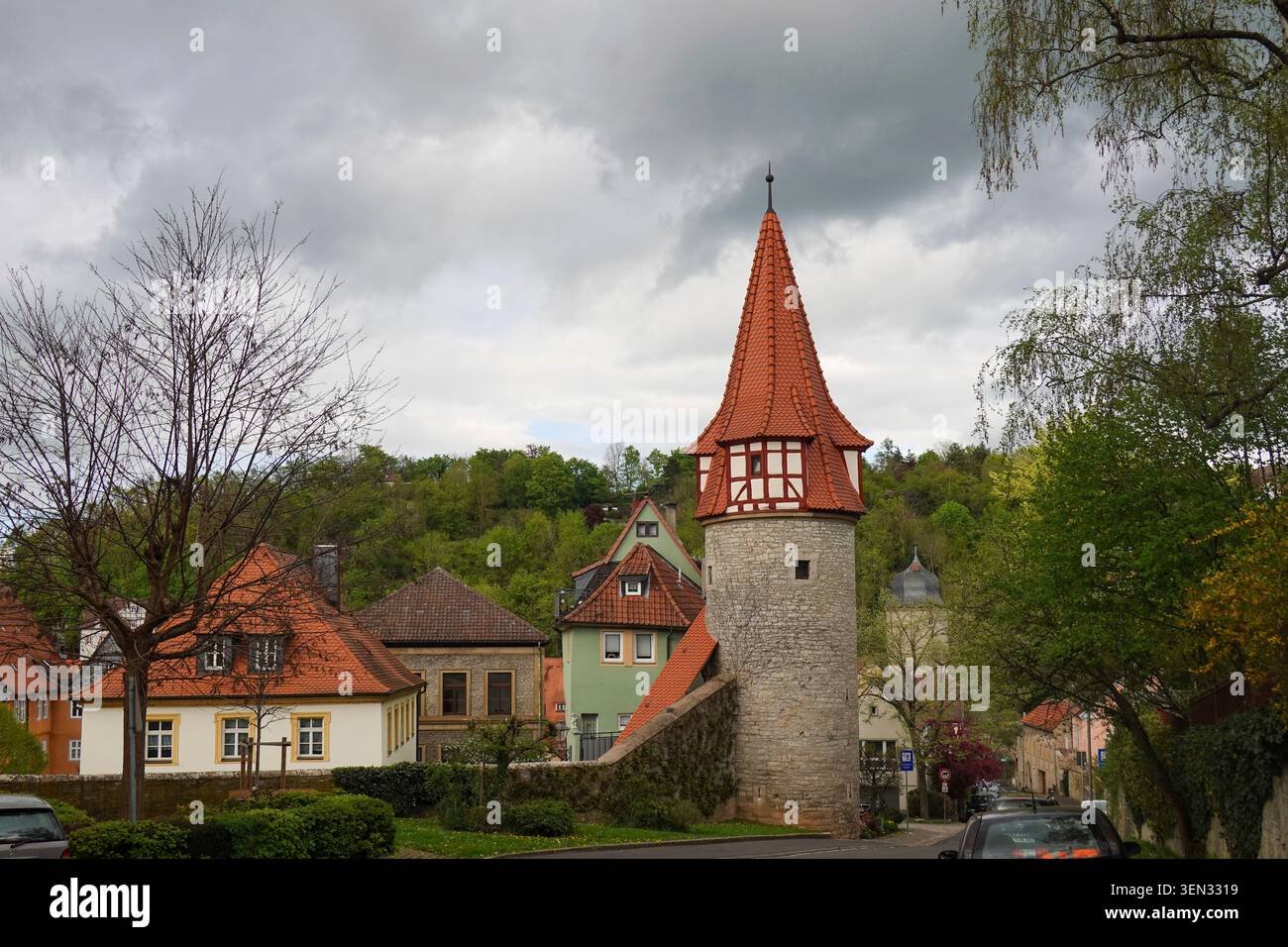 Tour médiévale et rues de la vieille ville à Marktbreit, basse-Franconie, Franconie, Bavière, Allemagne. Banque D'Images
