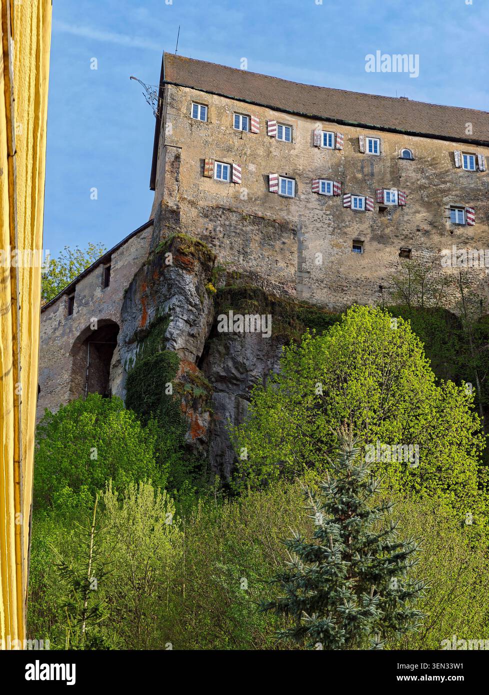 Château de Pottenstein au-dessus du paysage vert de printemps, Suisse franconienne, Pottenstein, haute-Franconie, Franconie, Bavière, Allemagne Banque D'Images