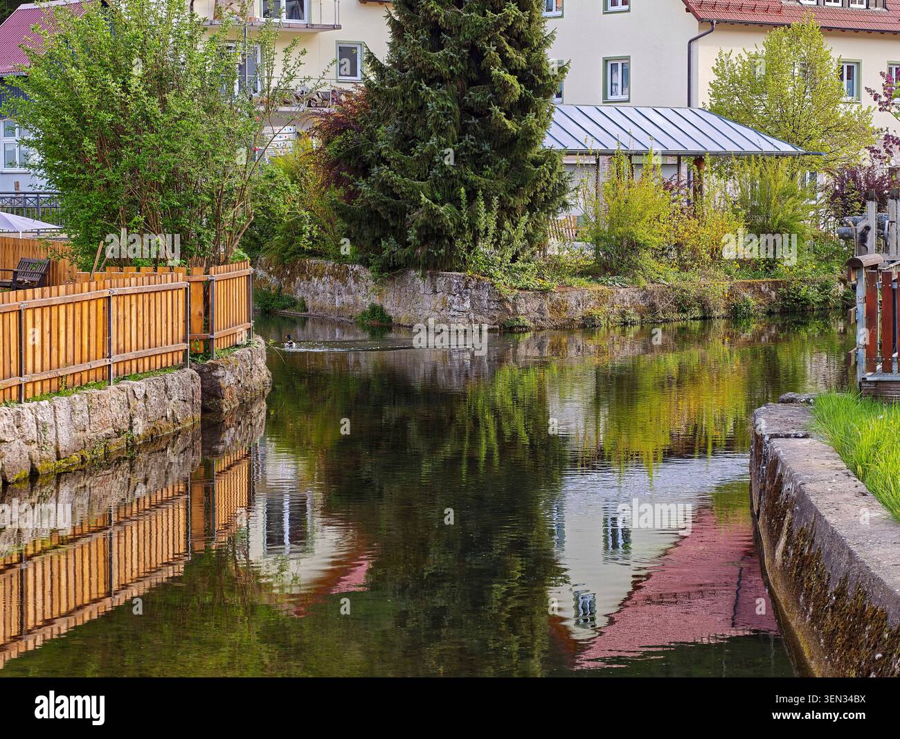 Bâtiments résidentiels le long de la rivière Püttlach avec des reflets d'eau, Pottenstein, haute-Franconie, Franconie, Bavière, Allemagne, Suisse franconienne Banque D'Images