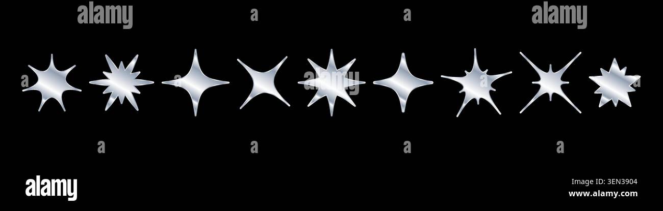 Jeu d'étoiles 3d chromées argentées, badges en argent métallique, silhouettes scintillantes de particules brillantes, icônes de flare y2k de paillettes, illustration vectorielle Illustration de Vecteur