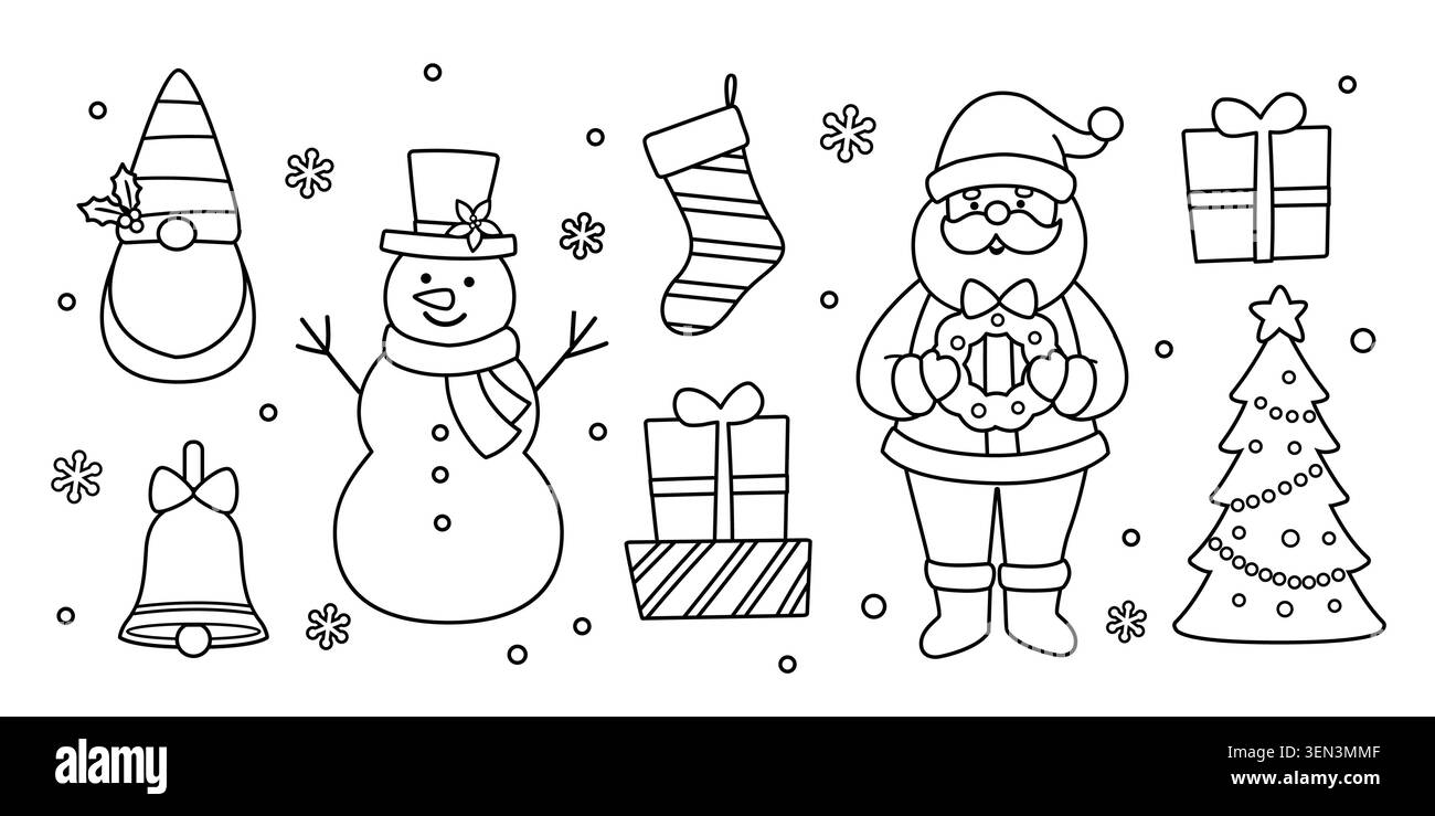 Ensemble de contour de noël d'hiver dessiné à la main, pages à colorier pour enfants et modèles pour enfants. Illustration de Vecteur