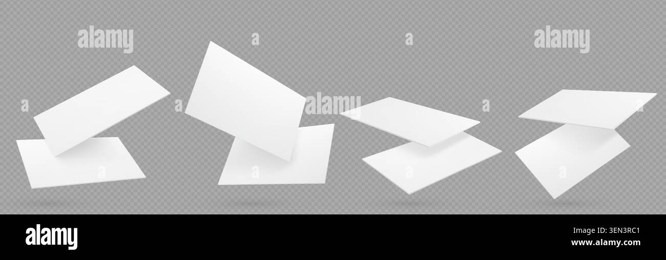 cartes de visite vierges 3d réalistes flottant dans l'air, icônes vectorielles isolées sur fond. Modèle de maquette de papier blanc pour la conception d'identité de marque, présentations créatives, projet de papeterie professionnelle Illustration de Vecteur
