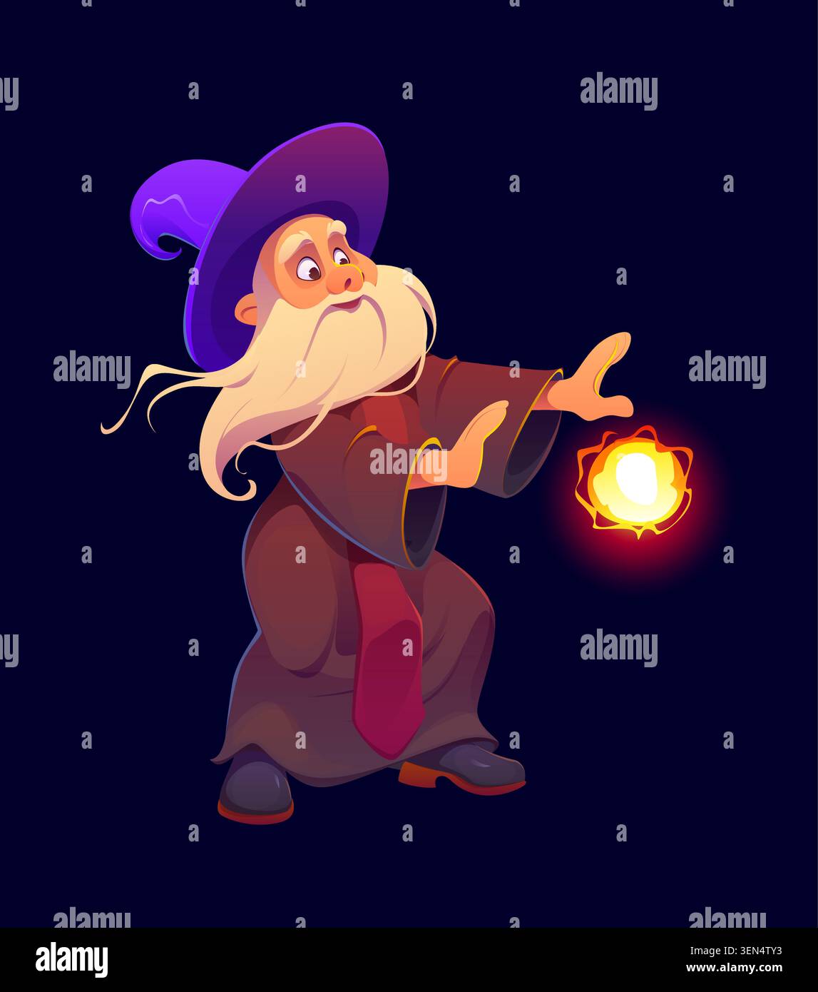 Sorcier de dessin animé avec barbe blanche et chapeau violet Illustration de Vecteur