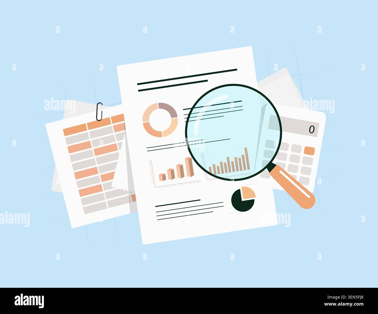 Audit financier et revue comptable avec calculs budgétaires, rapports d'entreprise et analyse de performance. Examinez les données financières, vérifiez les enregistrements et générez des illustrations vectorielles d'informations d'audit. Illustration de Vecteur