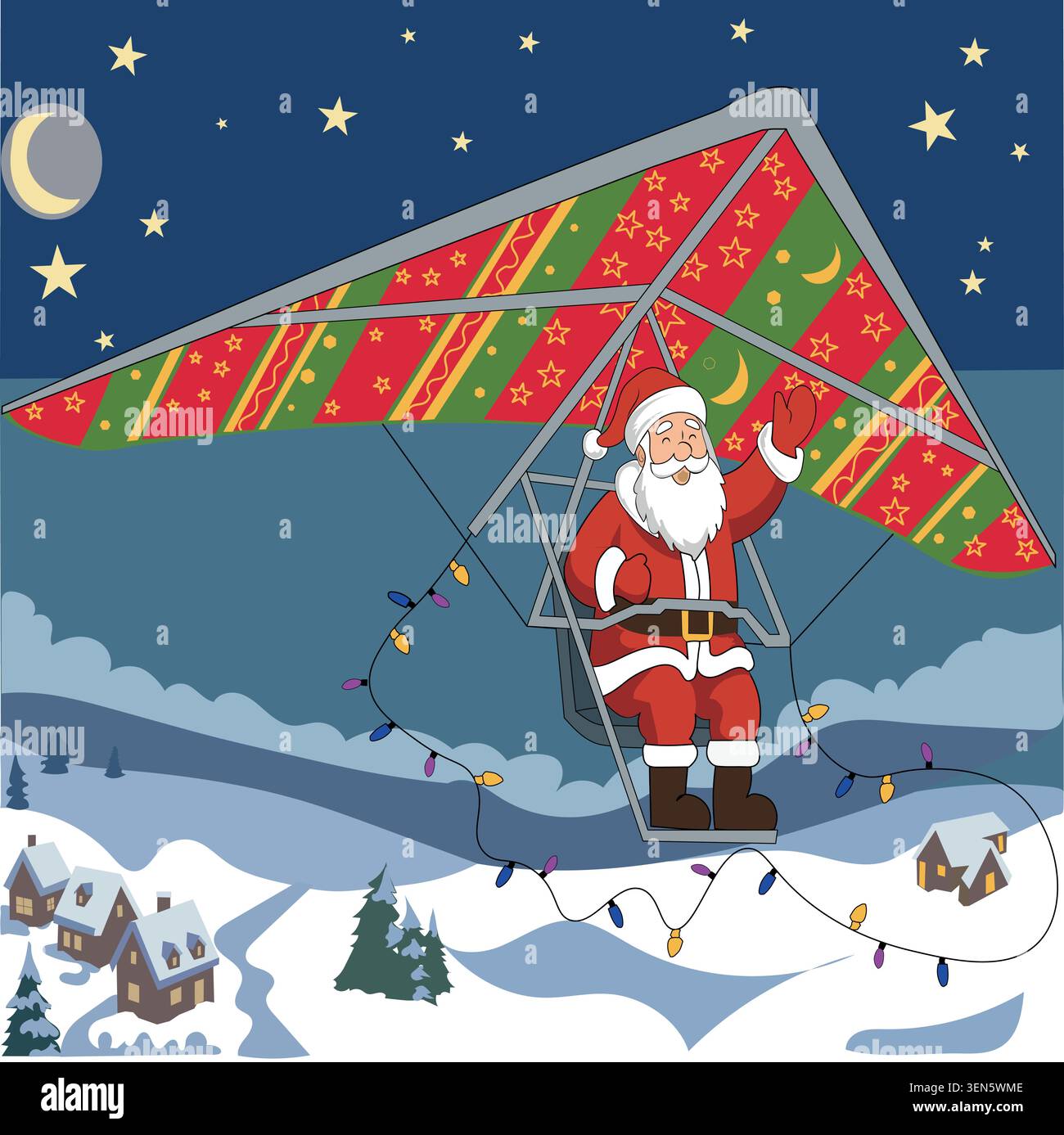 Illustration vectorielle de Noël du Père Noël glissant au-dessus d'un village d'hiver enneigé la nuit. Illustration de Vecteur