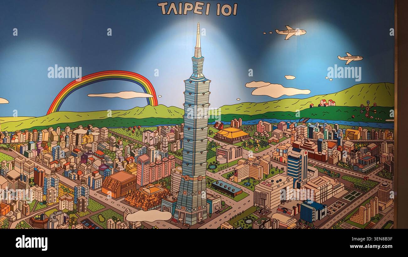Illustration colorée de l'horizon de Taipei avec tour Taipei 101, arc-en-ciel, avions et montagnes - illustration de voyage dynamique à Taiwan Banque D'Images