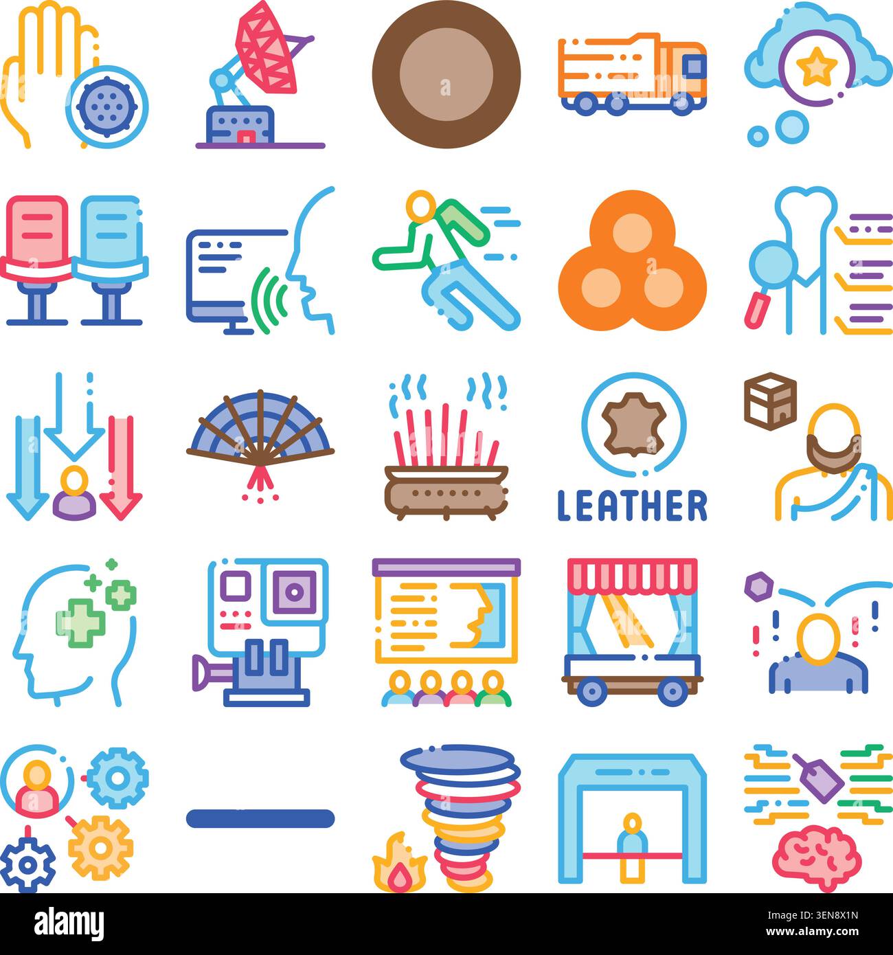 Collection colorée d'icônes illustrant un large éventail de sujets allant du sport et de la technologie à la culture, l'industrie et les interactions humaines, orga Illustration de Vecteur