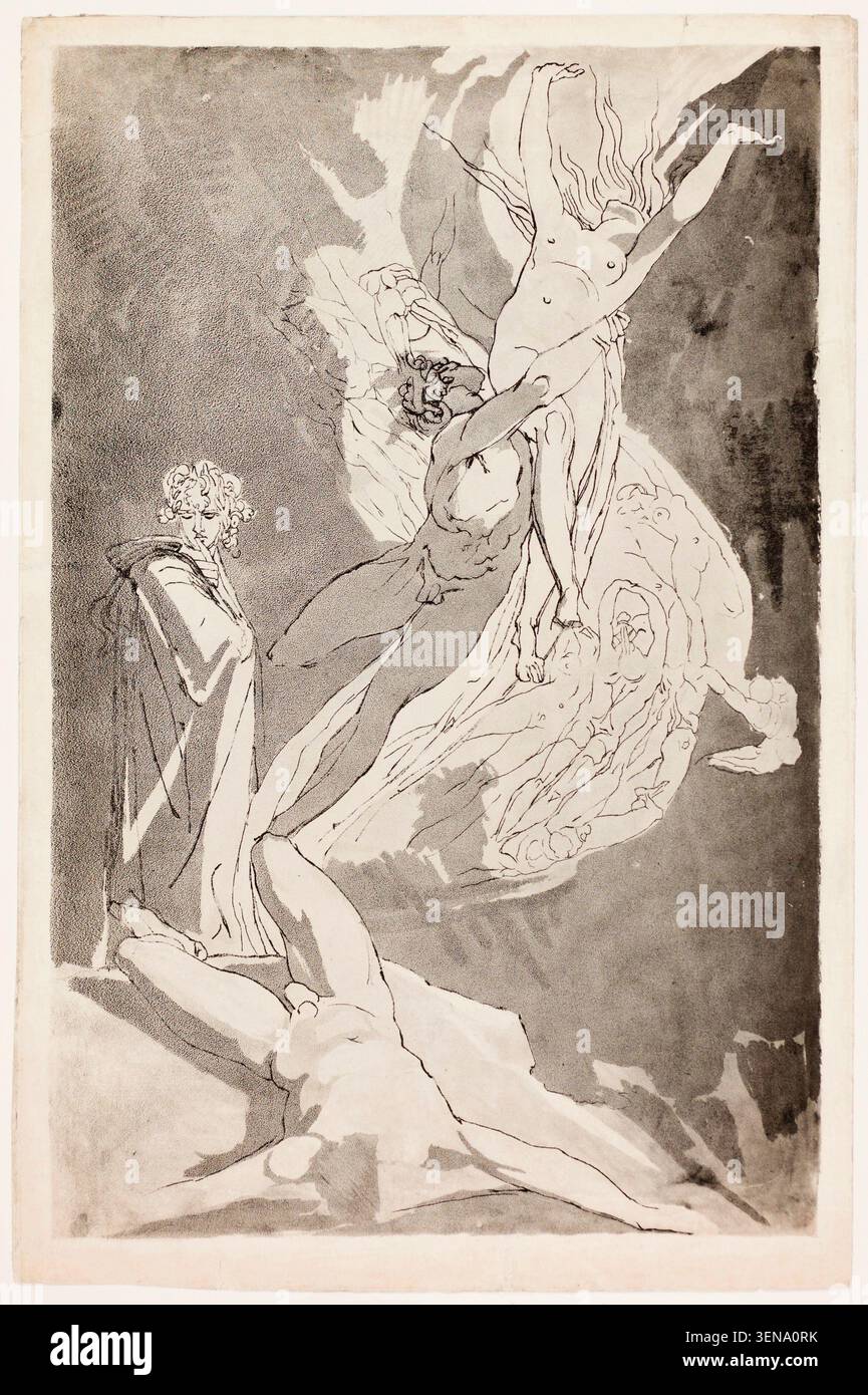Dante saute devant les âmes de Paolo et Francesca, Virgile à ses côtés par Henry Fuseli, v. 1818, représentant le poète s'effondrant dans l'angoisse alors que deux amants se lèvent dans les airs tandis que son guide le stabilise Banque D'Images