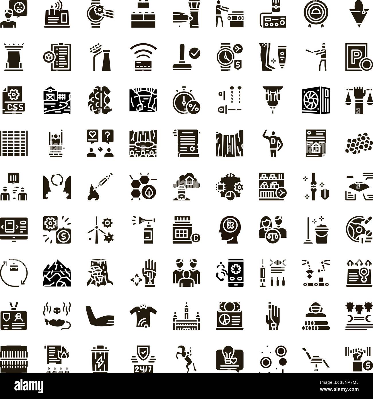 Collection d'icônes de glyphes minimaux illustrant les concepts modernes dans les domaines des affaires, de la construction, de la technologie, de l'éducation, de la santé, agriculture, et divers Illustration de Vecteur