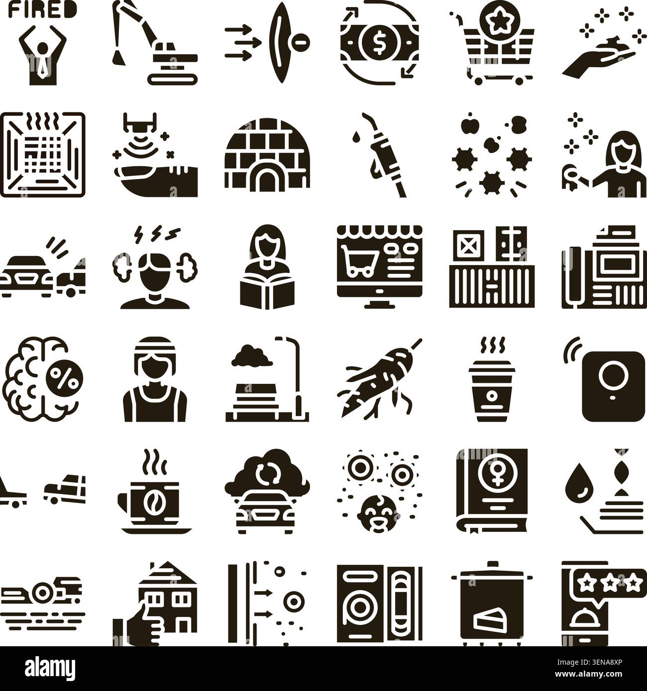 Collection d'icônes monochromes de glyphes représentant divers concepts de l'emploi et de la finance au transport, à l'éducation, à la technologie et à la santé, IDEA Illustration de Vecteur