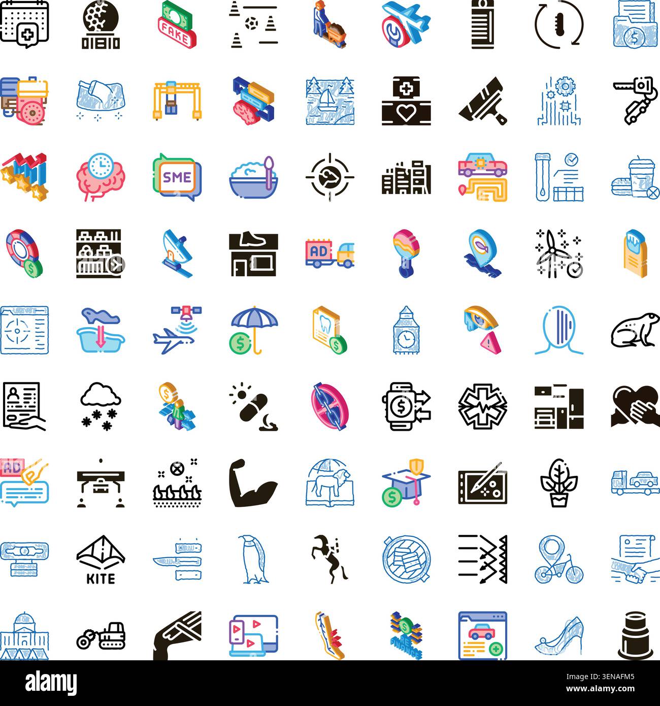 Grande collection de diverses icônes isométriques illustrant un large éventail de catégories, y compris la technologie, la finance, la santé, les transports, l'éducation, Illustration de Vecteur